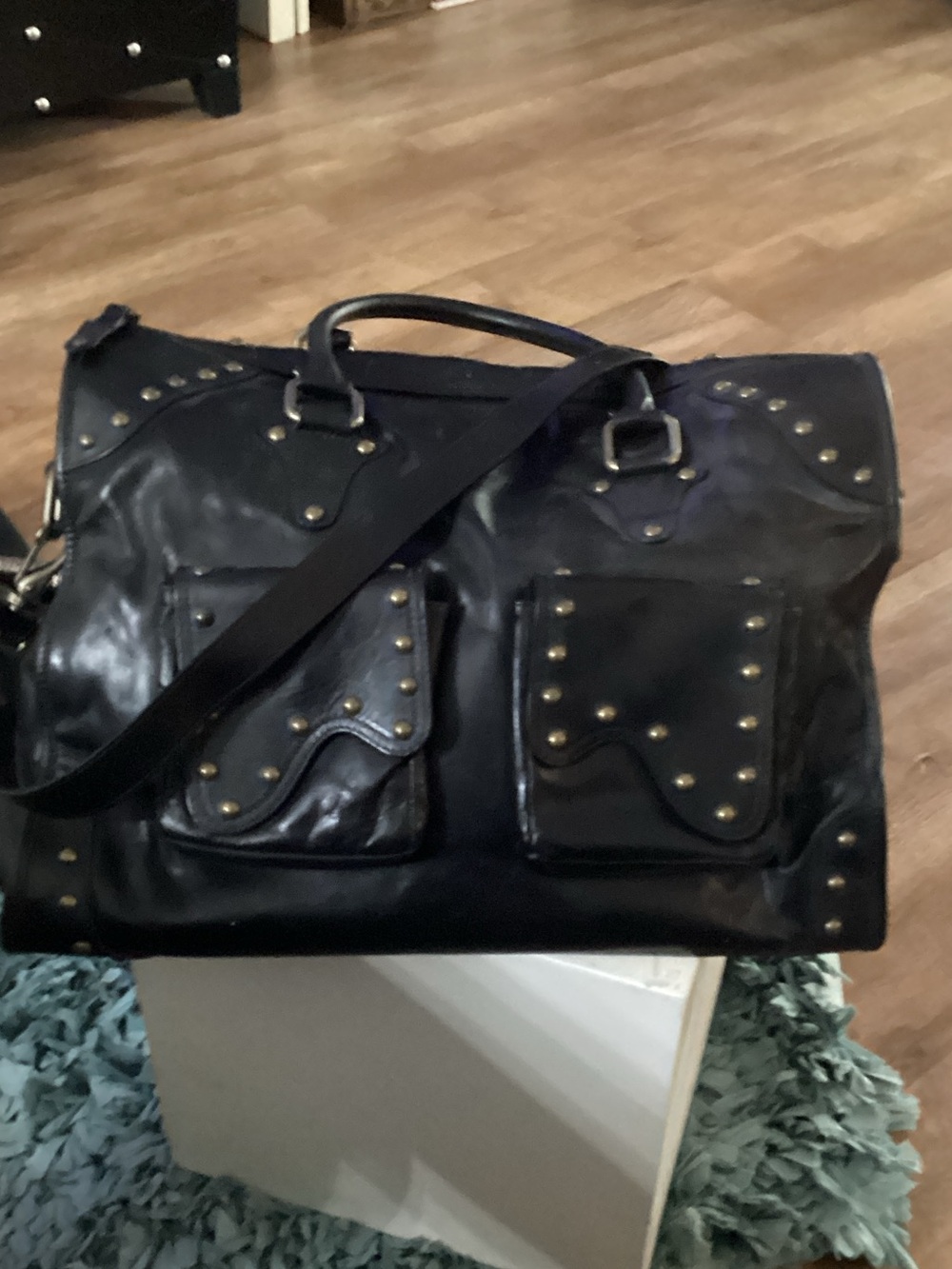 Be & D Studded Black Leather Satchel/Weekender Bag - Classic Travel Tote likenew